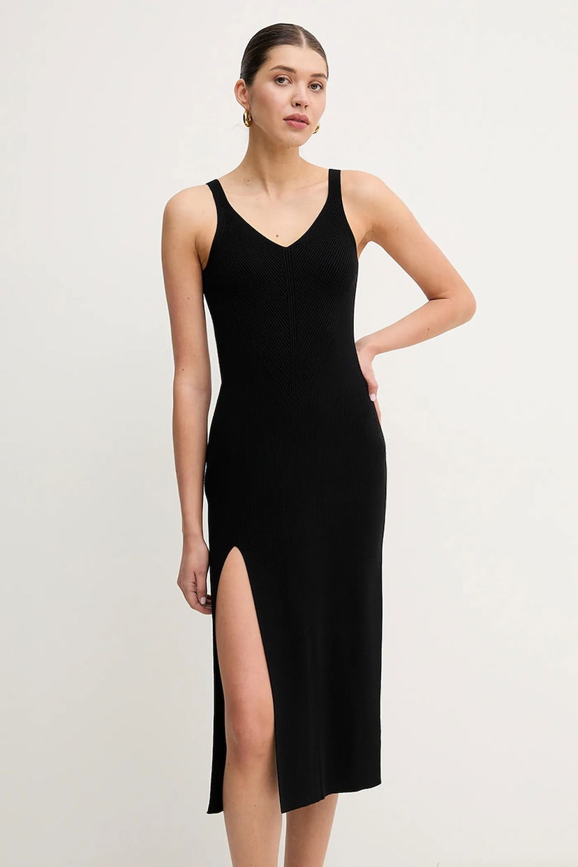 Šaty Lacoste Lacoste Midi Knit Dress with V-Neck and Slit Čierna | EF9270