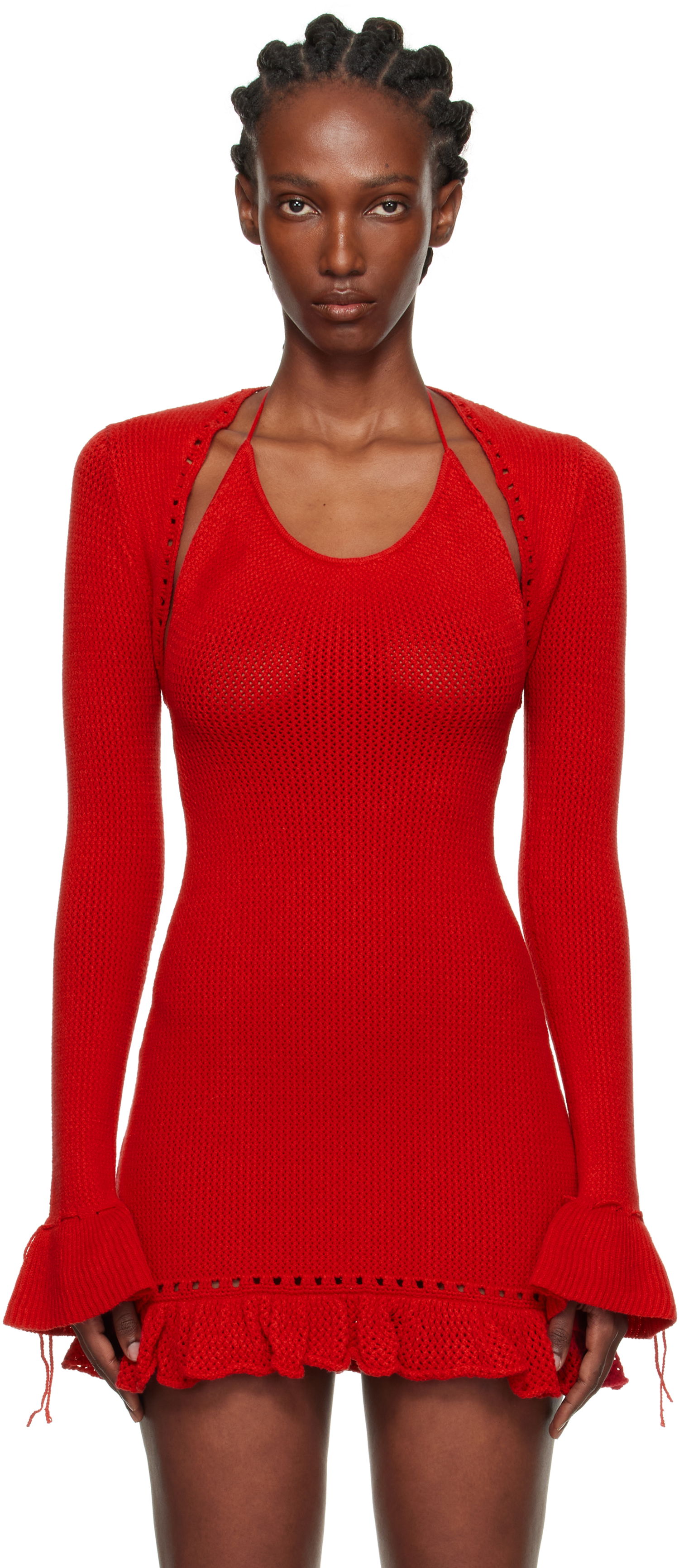 Sveter GUIZIO Guizio Crochet Ruffle Sleeve Bolero Cardigan Červená | P25705S019, 0
