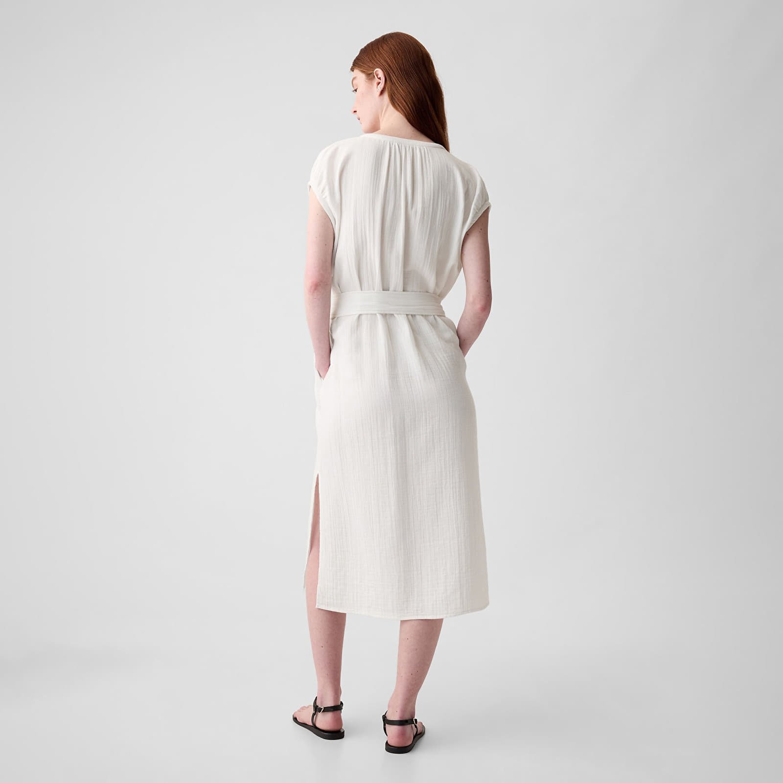 Dresses Shortsleeve Gauze Tie Waist Button Down Midi Dress New Off White