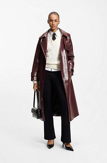 Trenčkot BOSS Double-breasted trench coat in faux leather Vínová | 50554264, 1