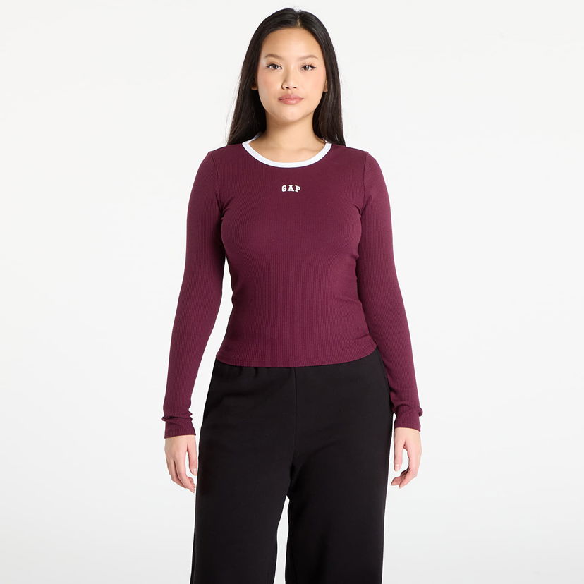 Tričko GAP Long-Sleeve Ribbed GAP Logo Ringer T-Shirt Vínová | 805668-03