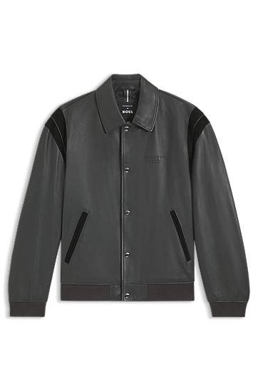 Bunda BOSS Porsche x BOSS Leather Jacket with Contrast Details Šedá | 50543223, 0