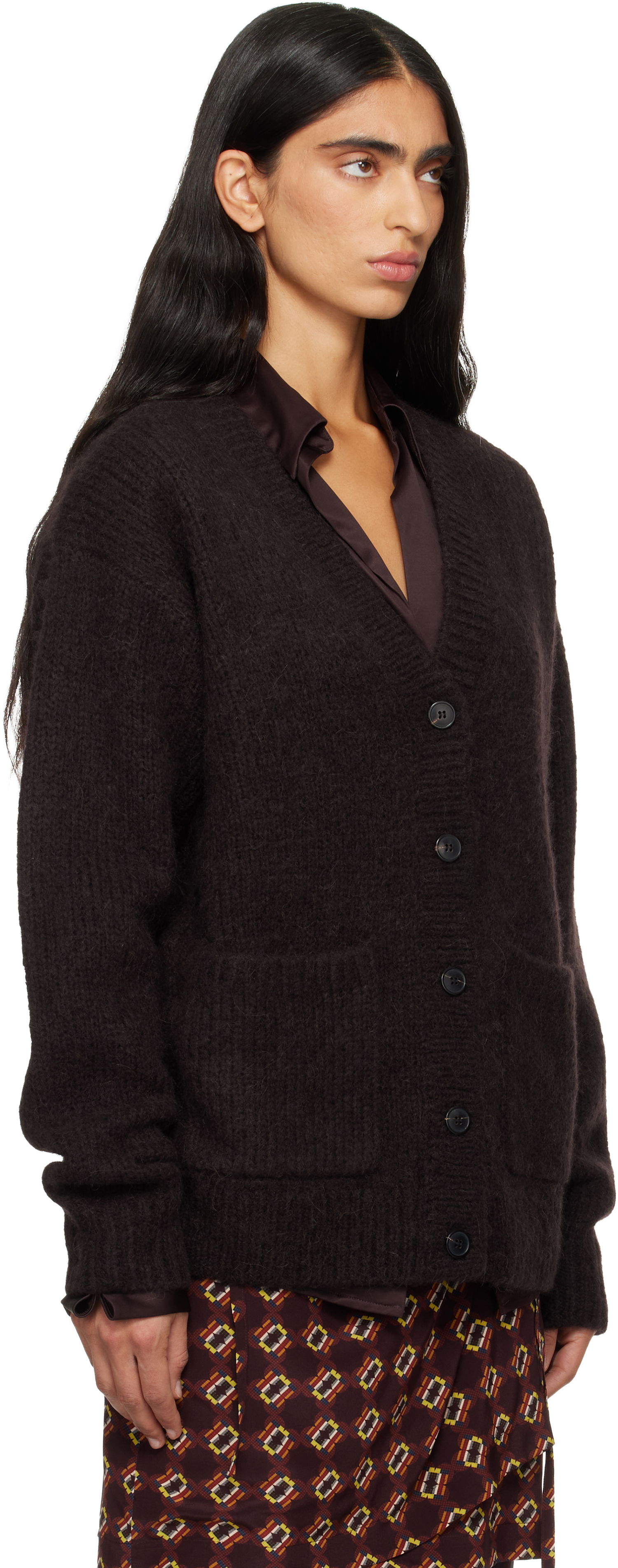 Sveter Dries Van Noten Dries Van Noten Alpaca V-Neck Cardigan with Patch Pockets Hnedá | 252-011226-2709, 1