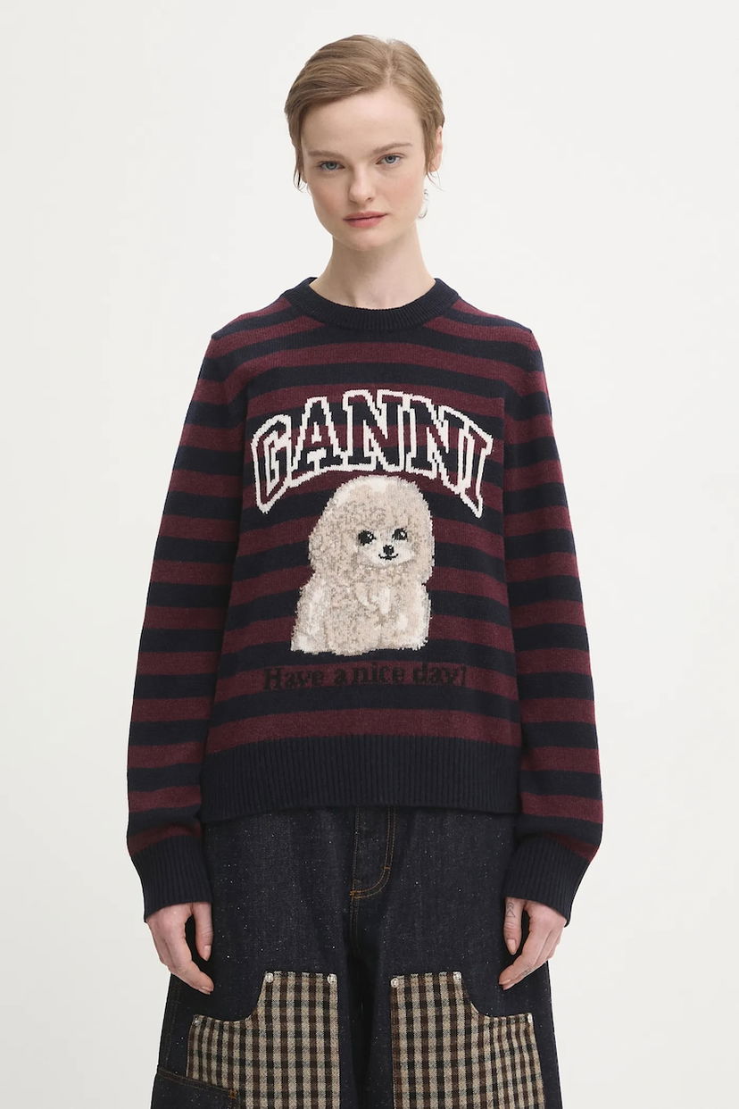 Sveter GANNI Graphic Wool Mix Poodle Stripe Sweater Rôznofarebný | K2567