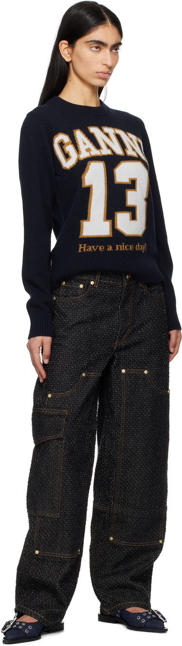 Sveter GANNI Ganni Graphic Wool Blend Sweater Navy | K2427, 3