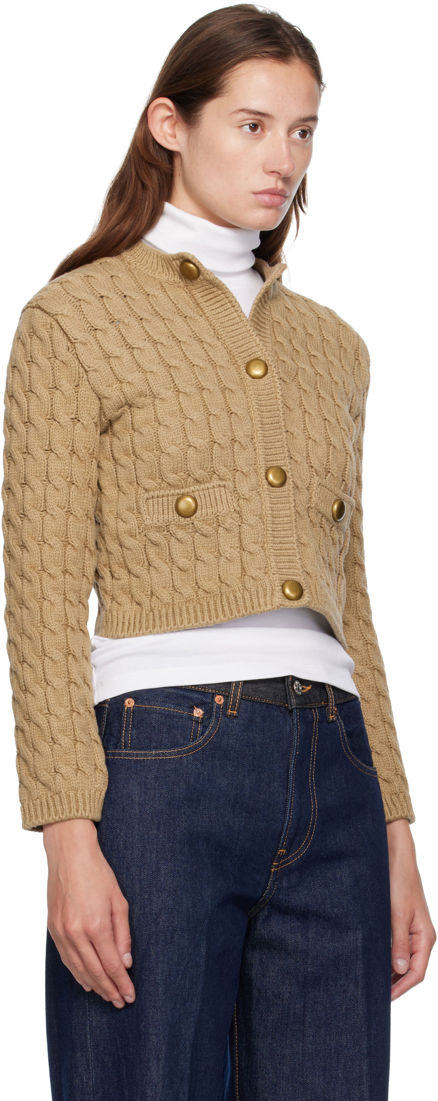 Sveter Moncler Moncler Cotton Blend Knit Cropped Cardigan Béžová | 0939B00004M7105, 1