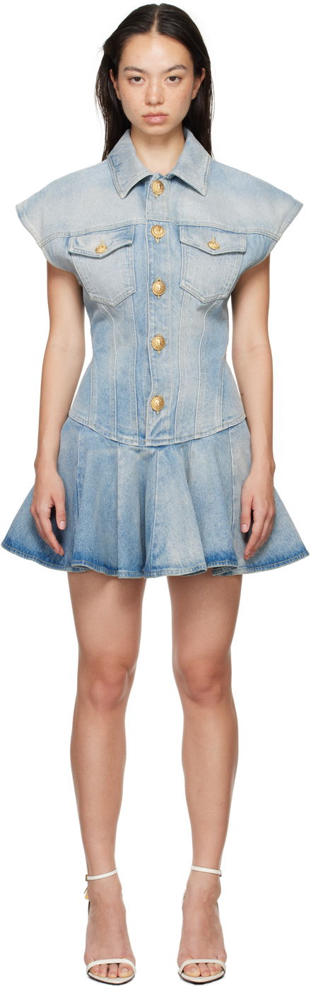 Šaty Balmain Flared Denim Minidress Modrá | DF0R7365DF17, 0
