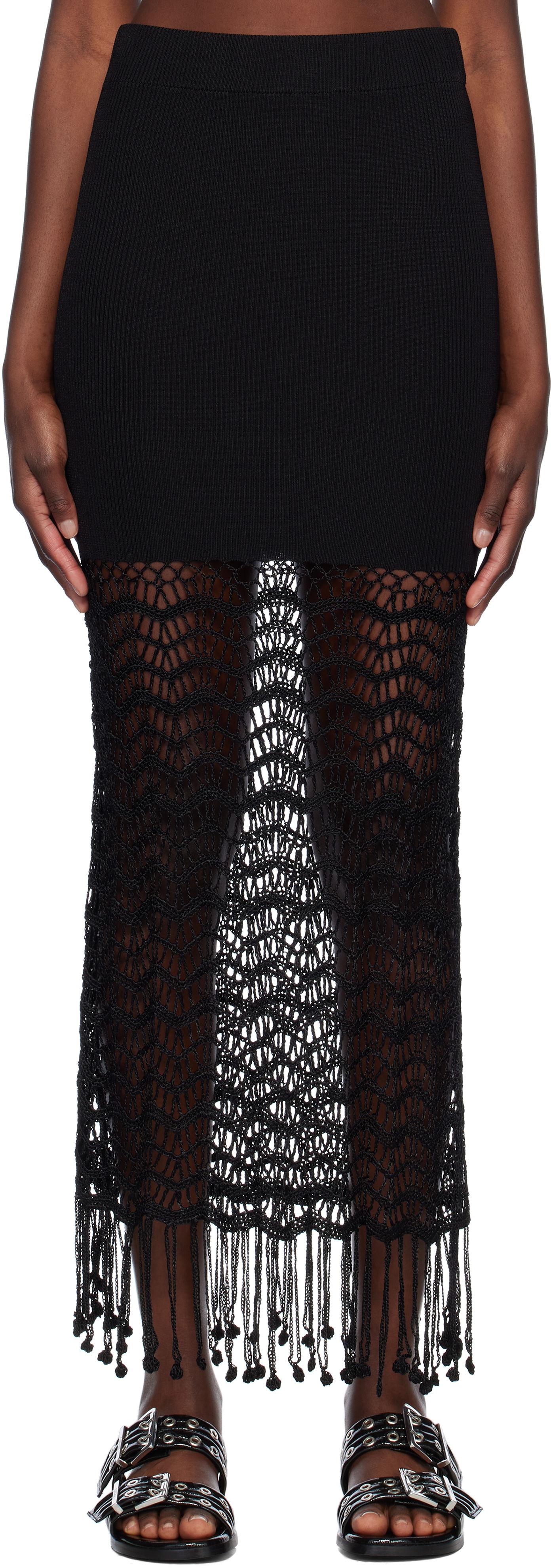 Sukňa GANNI GANNI Crochet Maxi Skirt with Fringe Čierna | K2435, 0