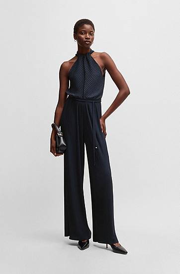 Overal BOSS Sleeveless Plissé Jumpsuit with Tie Belt Navy | 50512907, 1