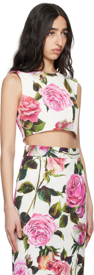 Crop Top Dolce & Gabbana Dolce&Gabbana Rose-Print Cotton Jacquard Crop Top Biela | F7AO5T FSRQJ, 1