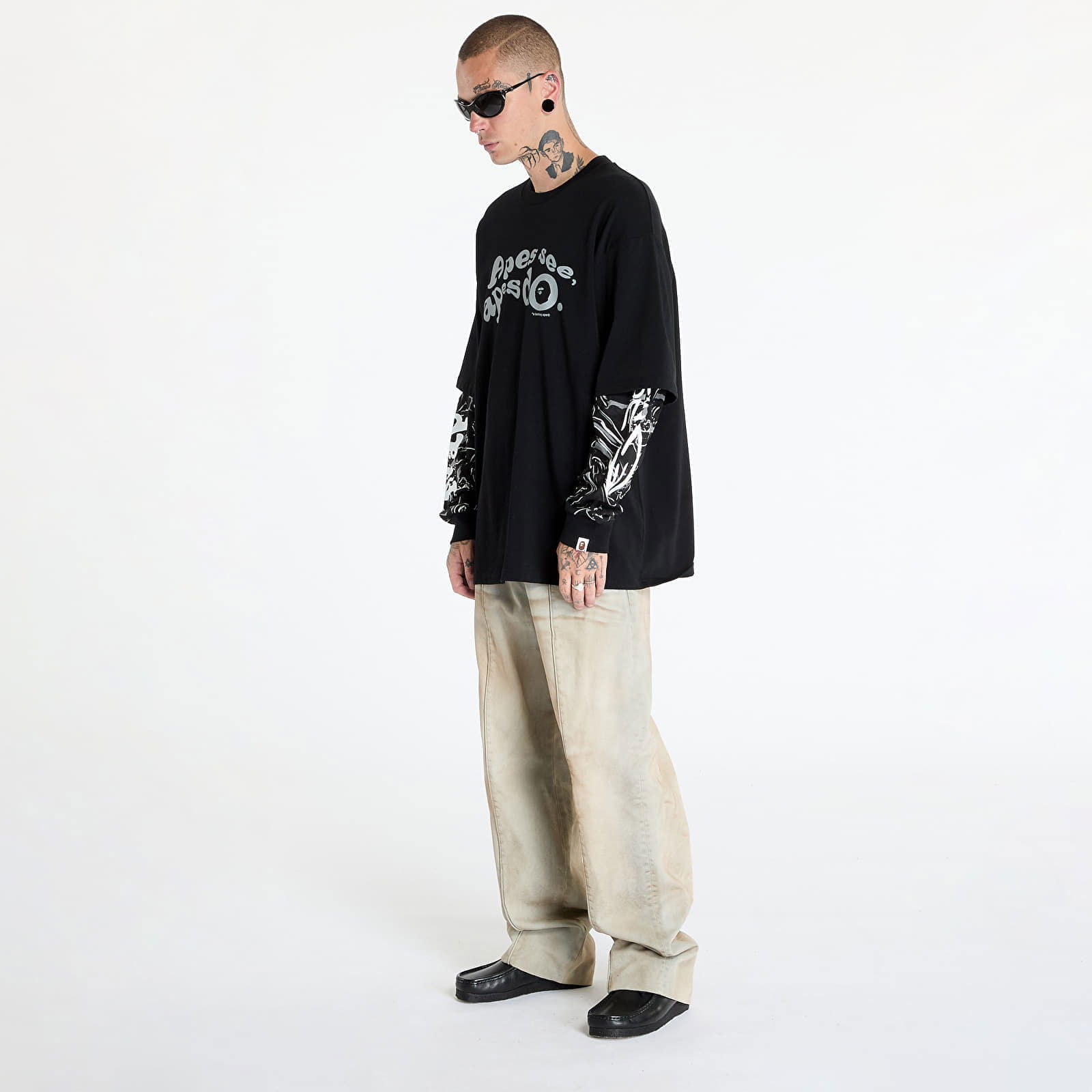 A BATHING APE Marbling Camo Multi Logo Layered Sleeves Ls Tee Black