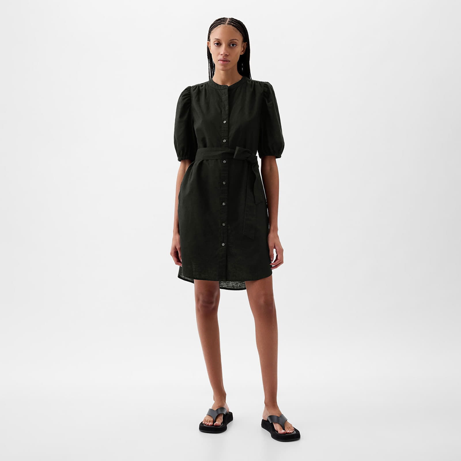 Dresses Shortsleeve Puff Sleeve Linen Shirtdress Black