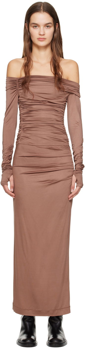 Šaty Helmut Lang Off-The-Shoulder Maxi Dress Hnedá | N10HW603, 0