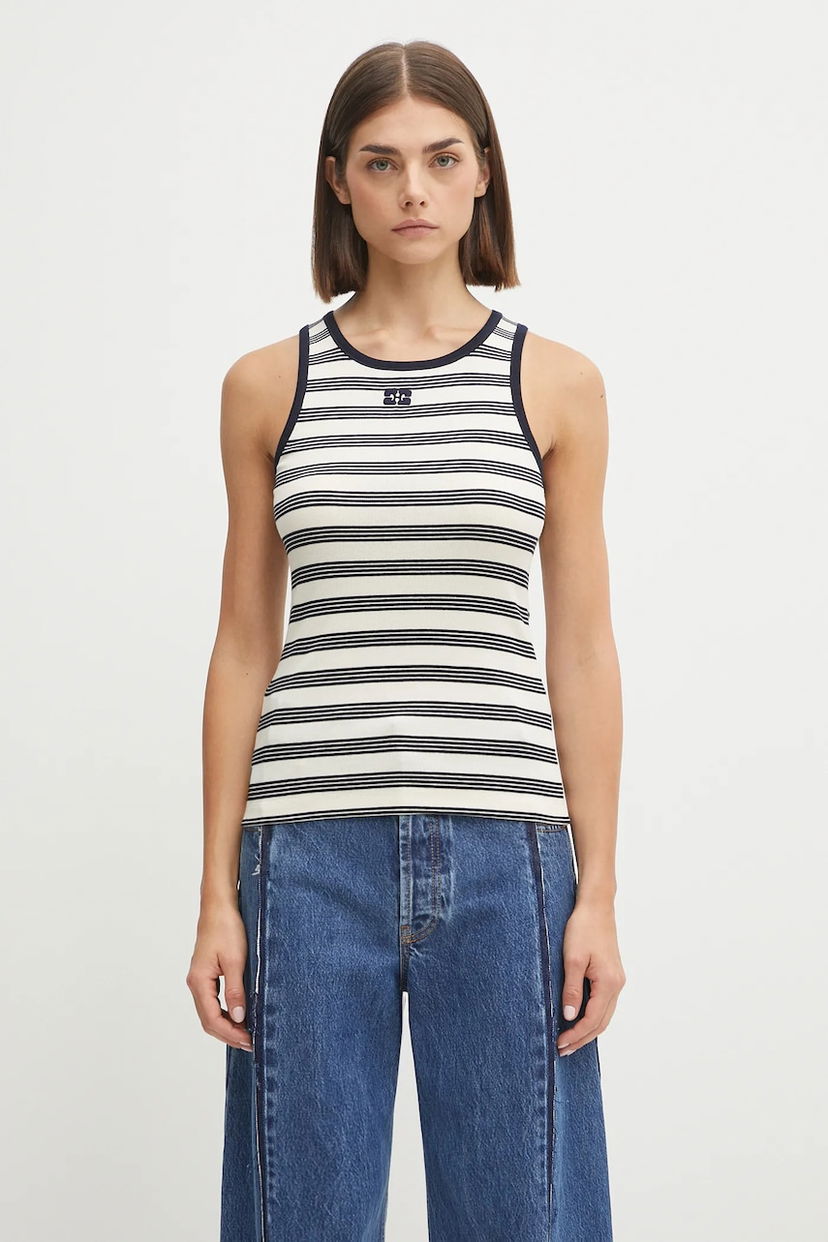 Tielko GANNI GANNI Women's Striped Soft Cotton Rib Tank Top Biela | T4144