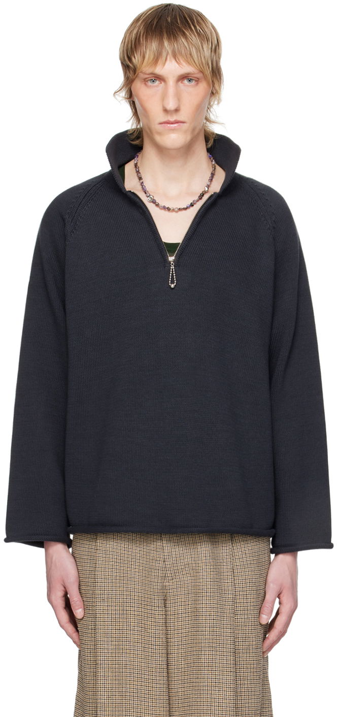 Sveter Bode Rib Knit Quarter-Zip Sweatshirt Čierna | MRS24KT022, 0