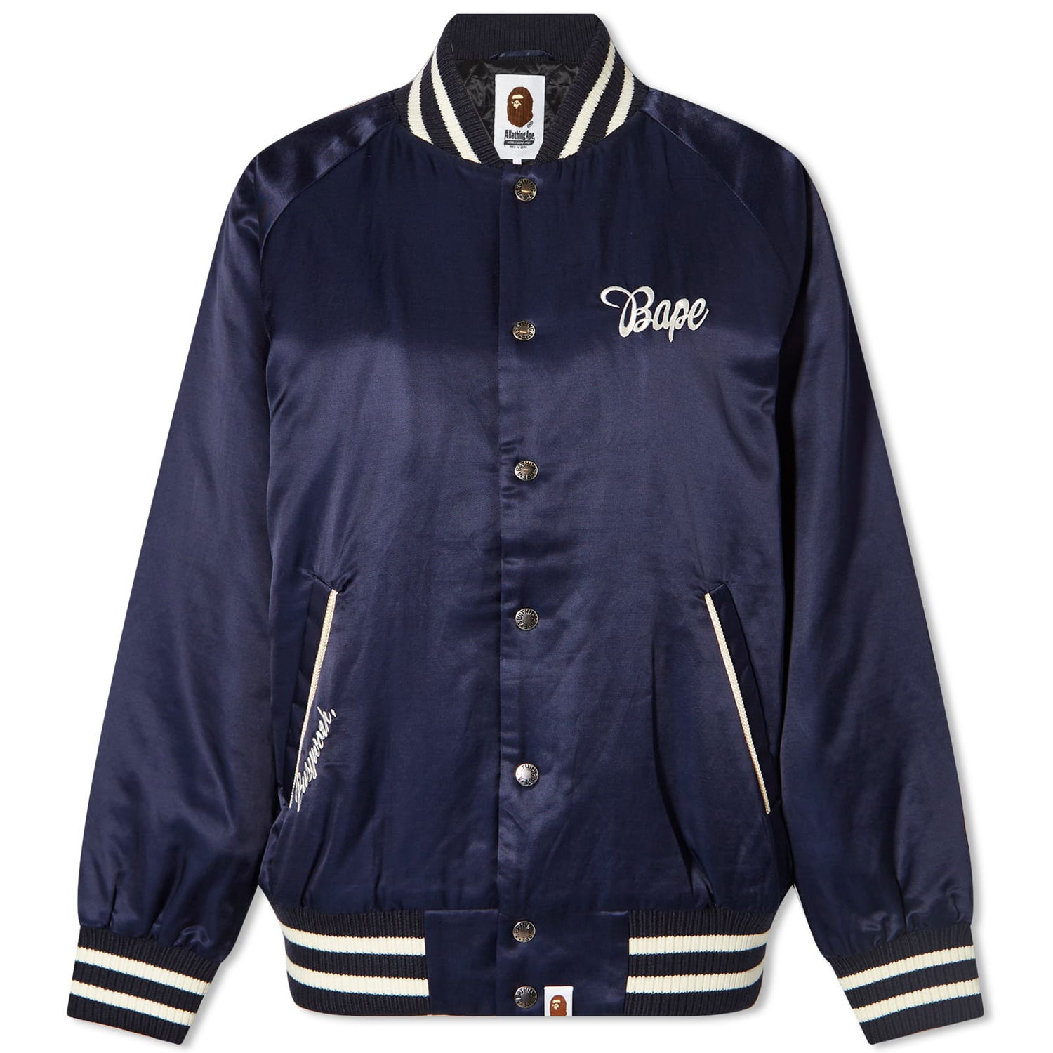 Bomber bunda BAPE A Bathing Ape Satin Varsity Jacket Navy | 001HJJ802002L-NVY, 0