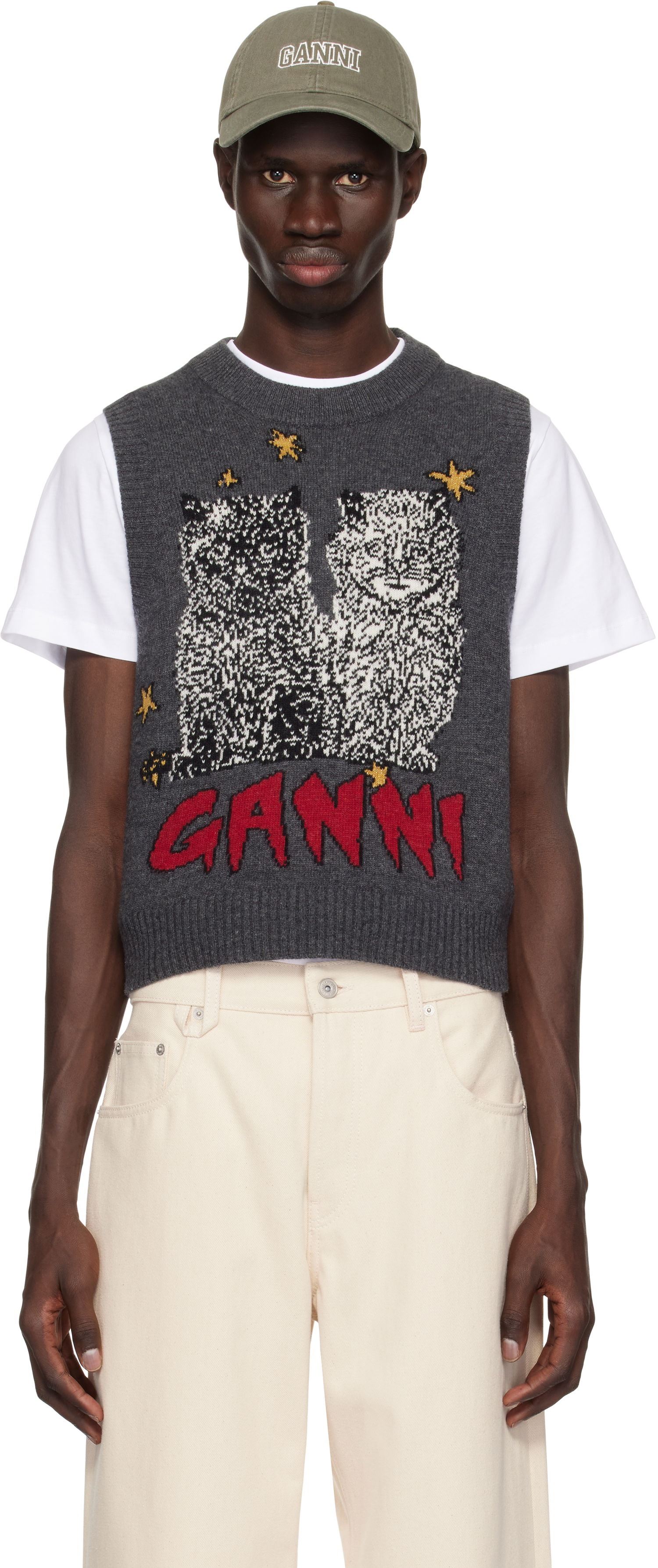Sveter GANNI GANNI Graphic Cats Knit Vest Šedá | K2375, 0