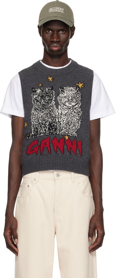 Sveter GANNI GANNI Graphic Cats Knit Vest Šedá | K2375, 0