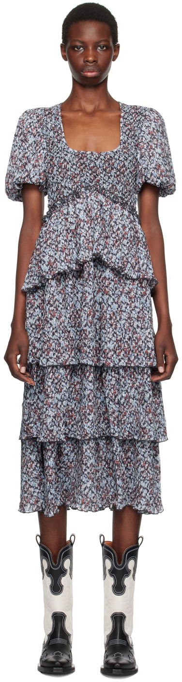 Šaty GANNI Blue Floral Midi Dress Šedá | F9243, 0