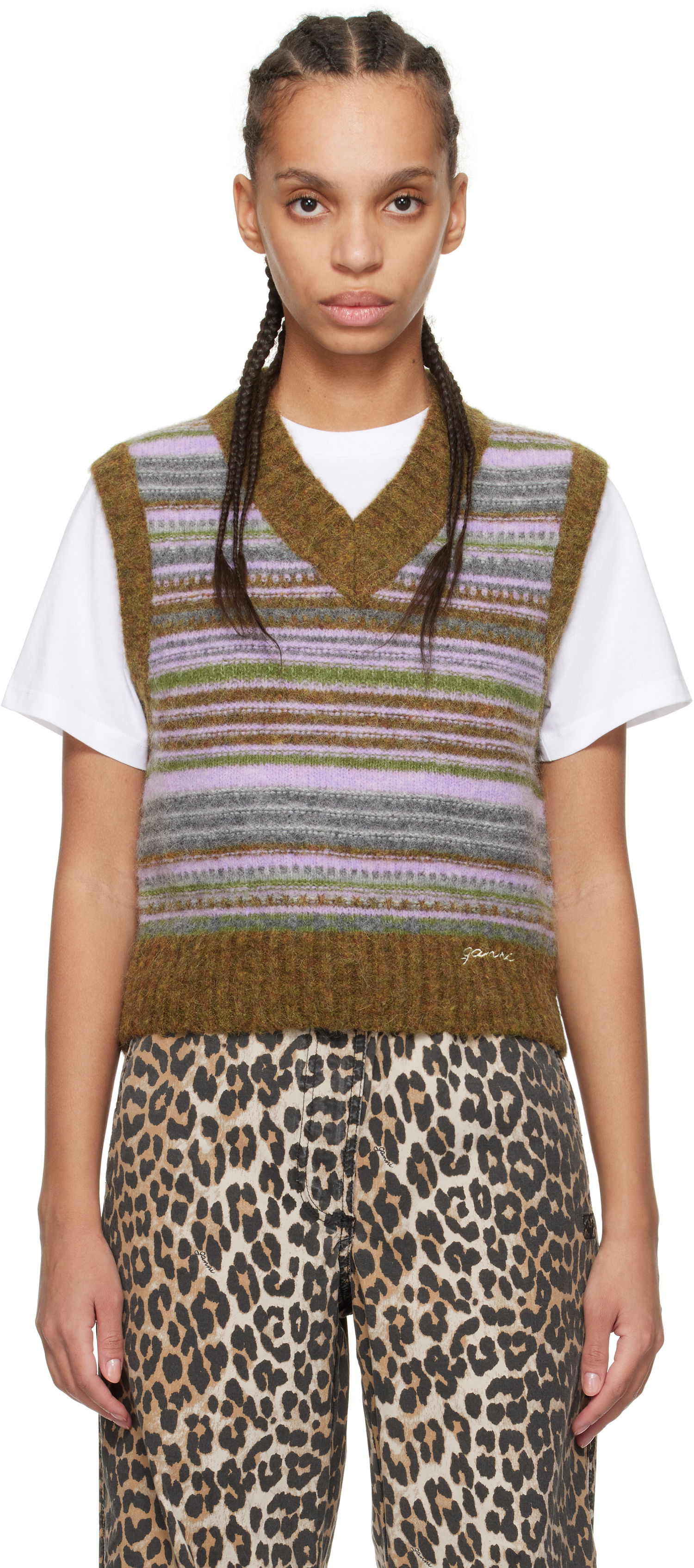 Sveter GANNI GANNI Soft Wool Striped Knit Vest Hnedá | K2356, 0