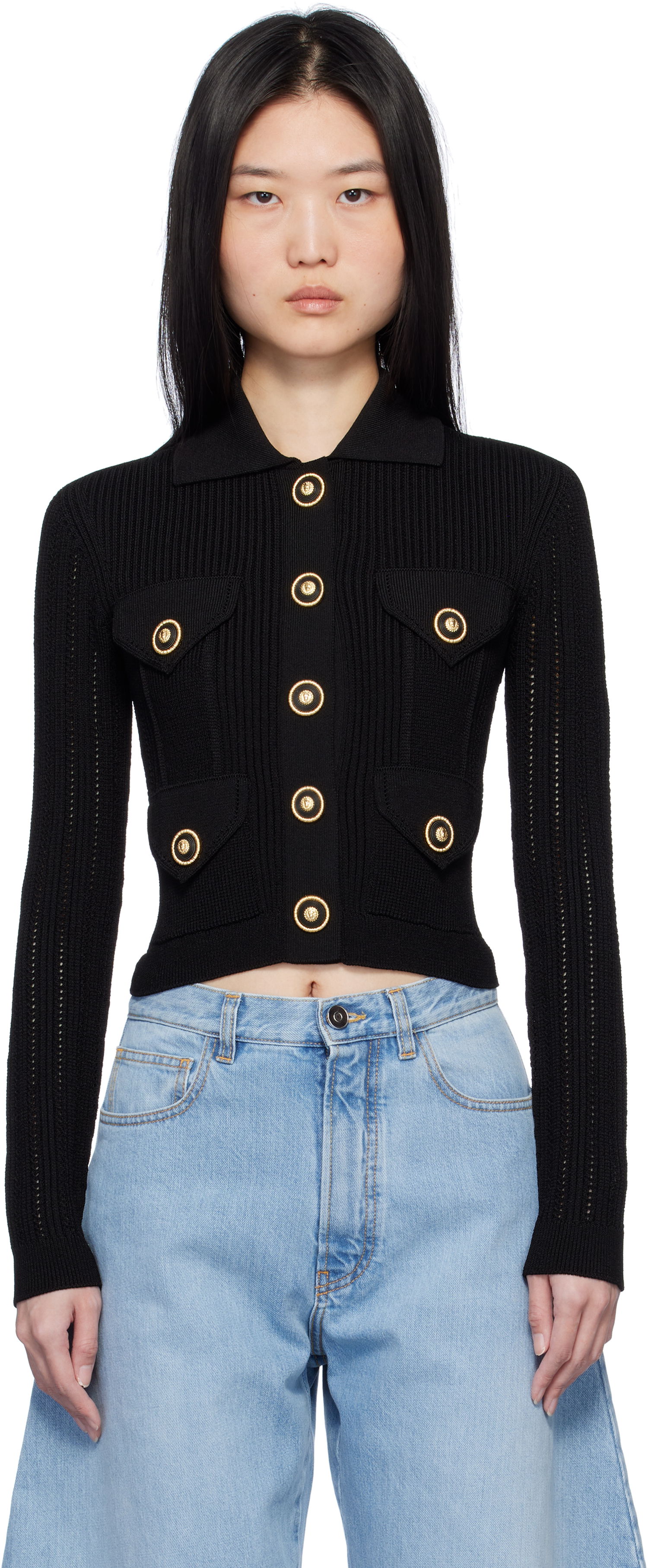 Sveter Balmain Cropped Ribbed Cardigan Čierna | EF1KL150KI10, 0