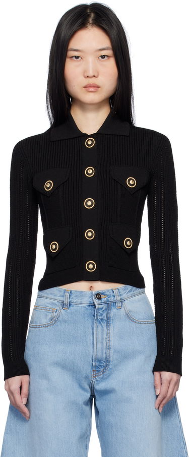 Sveter Balmain Cropped Ribbed Cardigan Čierna | EF1KL150KI10, 0