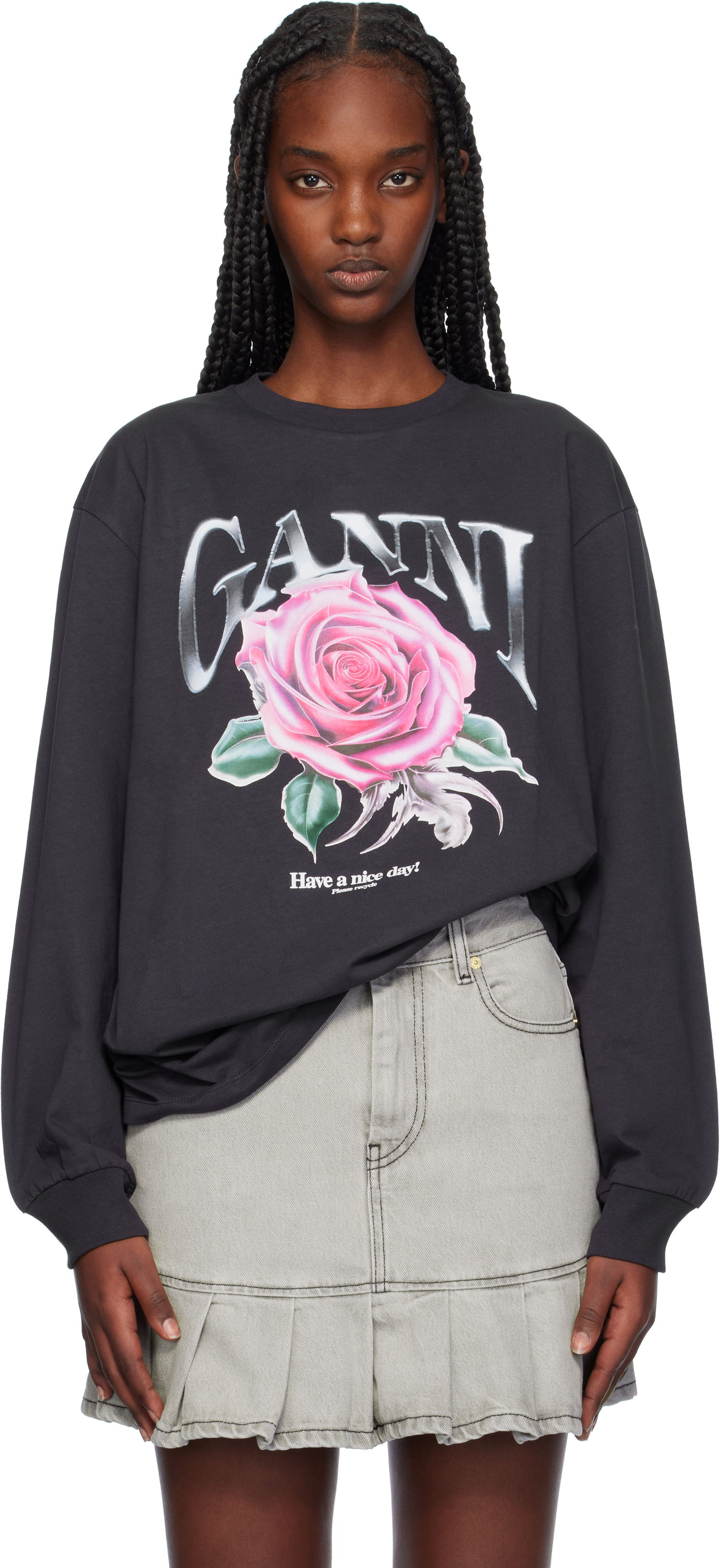Tričko GANNI Relaxed Rose Graphic T-Shirt Čierna | T4025, 0