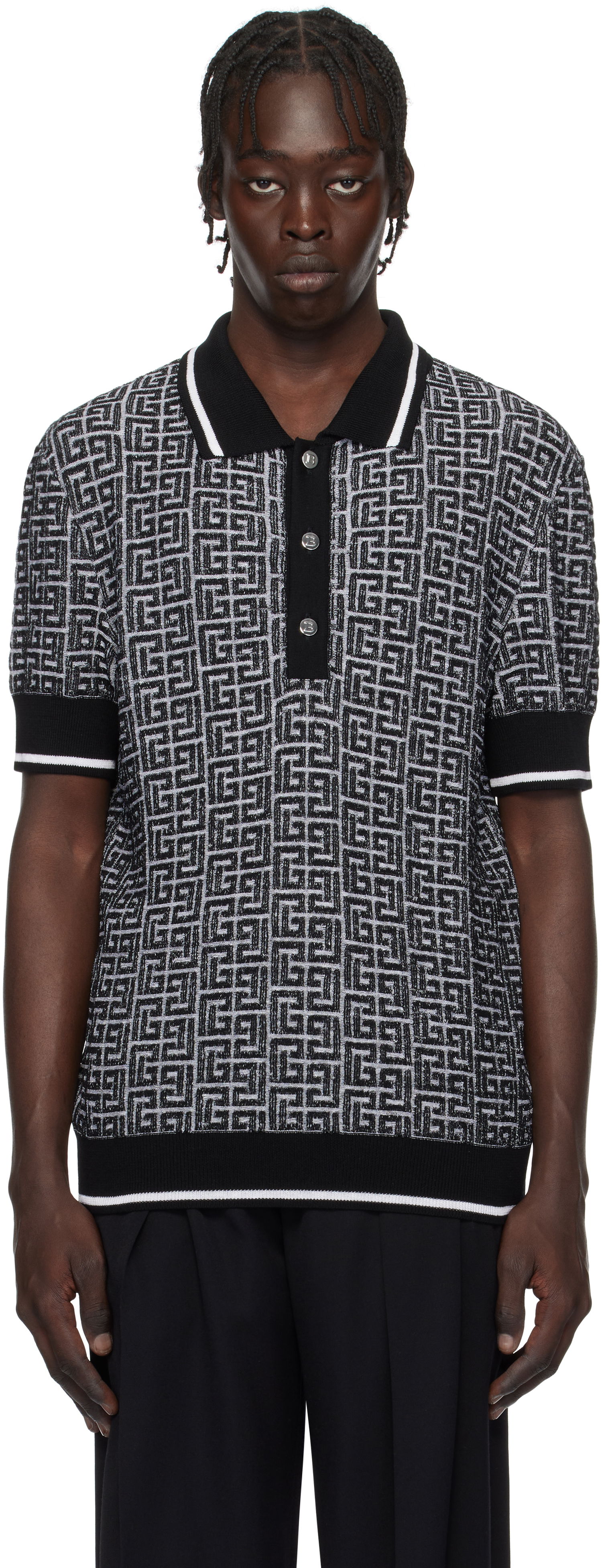Polo tričko Balmain Black & White Labyrinth Knit Polo Shirt Čierna | EH1GB020KI03, 0