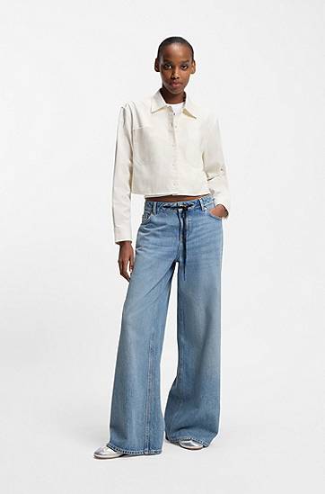 Košeľa BOSS Relaxed-fit blouse in cotton with Happy logo Béžová | 50542967, 1