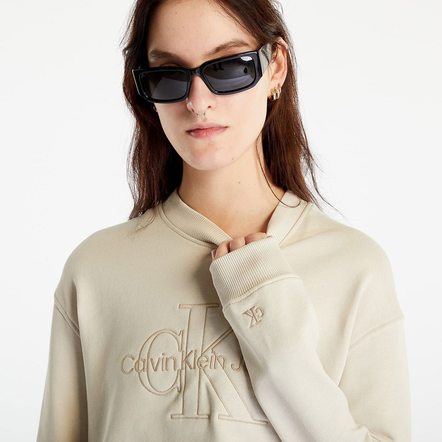 Mikina CALVIN KLEIN Cropped Embroidered Sweatshirt Béžová | J20J220696 ACI, 0