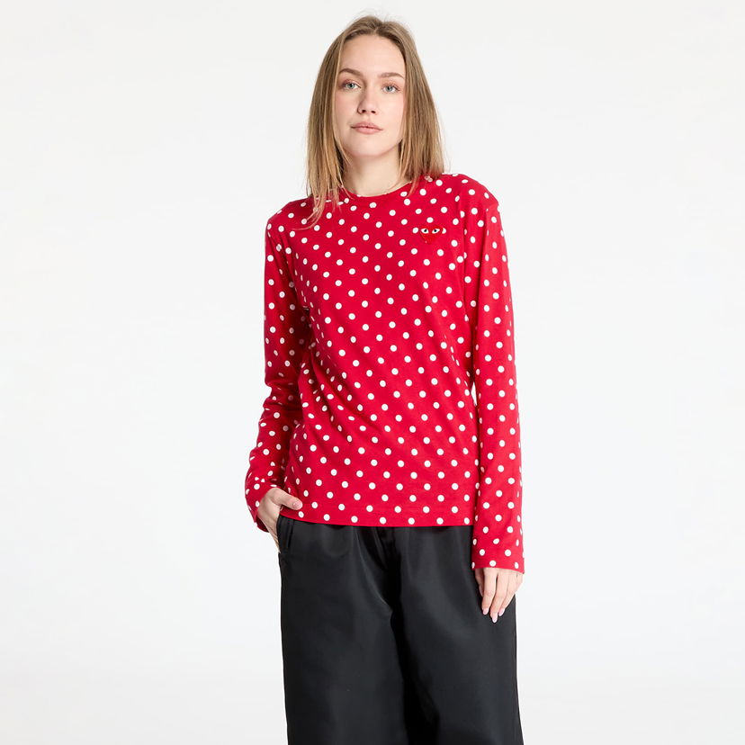 Tričko Comme des Garçons Play Heart Logo Long Sleeve Dotted T-Shirt Červená | AX-T166 RED