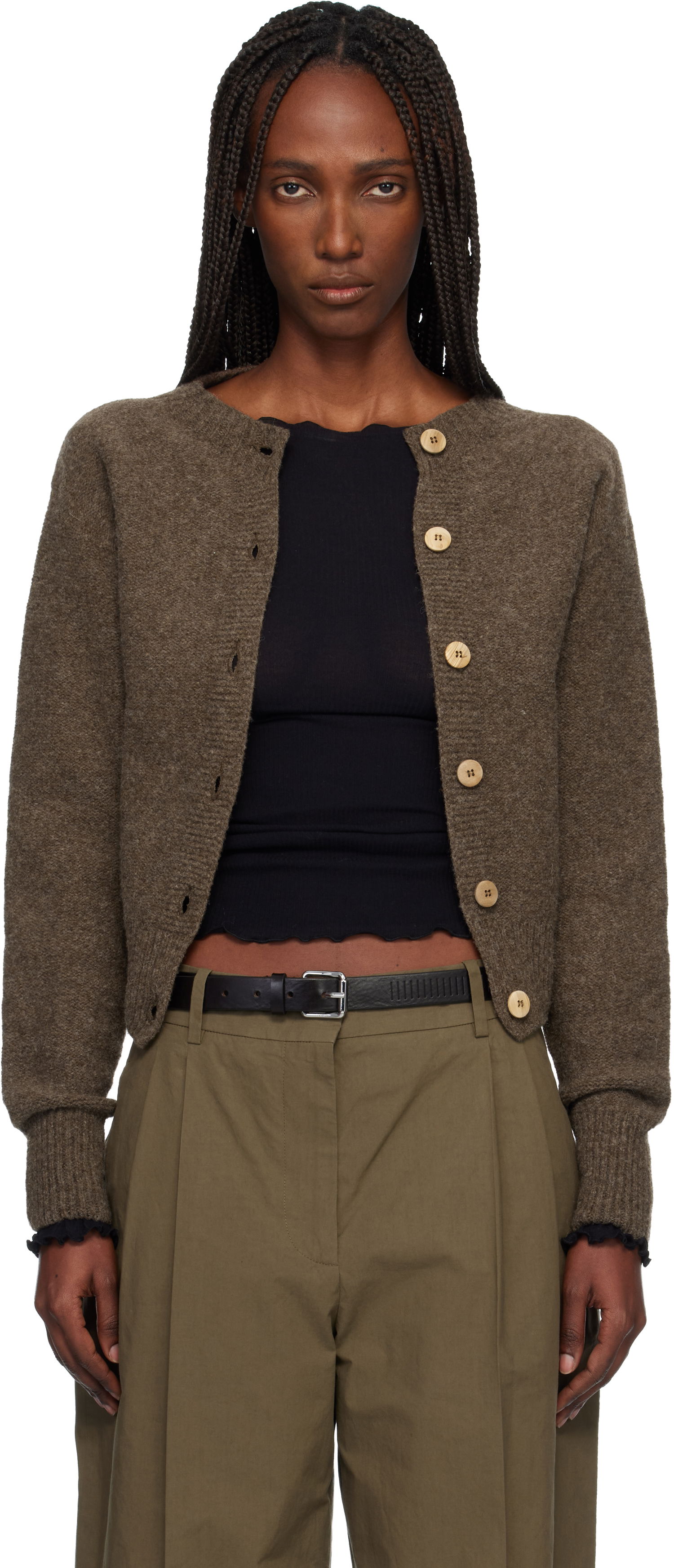 Sveter Baserange Tier Knitted Round-Neck Cardigan Hnedá | PUTC-MW-WI25, 0