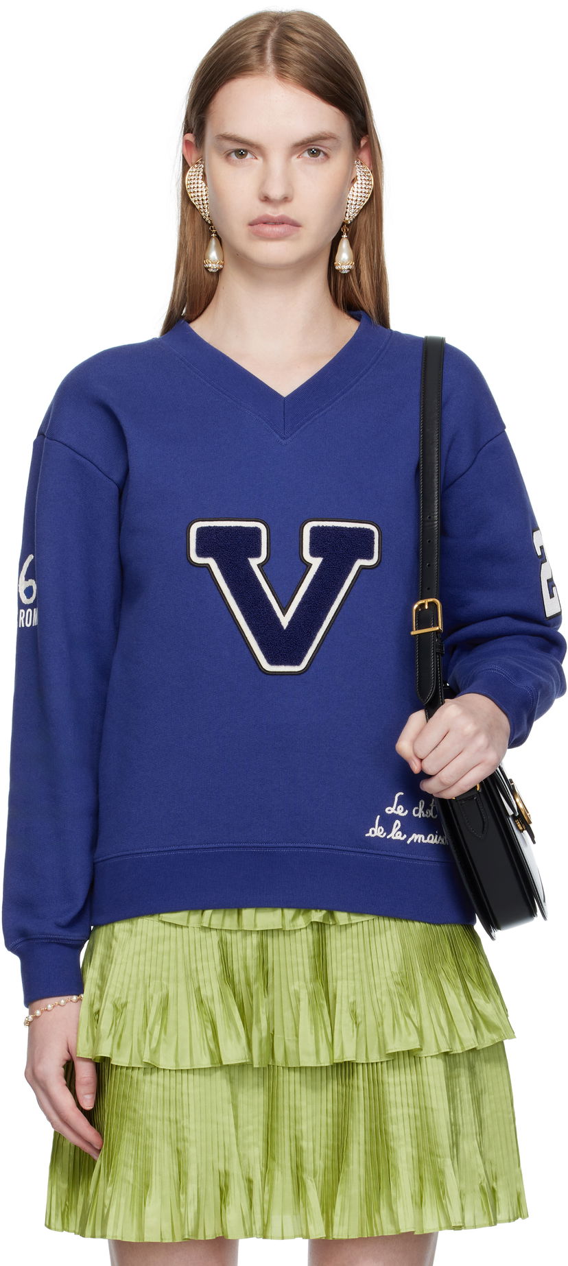 Mikina Valentino Valentino Embroidered Cotton V-Neck Sweatshirt Modrá | 7B3MF24V9KY