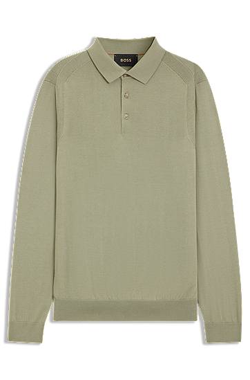Polo tričko BOSS Knit Long-Sleeve Polo in Wool, Silk and Cashmere Zelené | 50544809