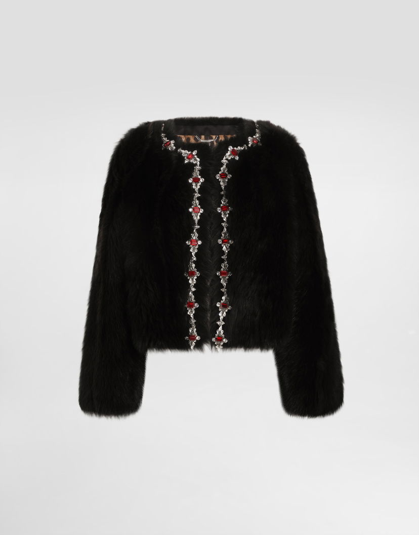 Bunda Dolce & Gabbana Dolce & Gabbana Fluffy Sheepskin Jacket with Crystal Inlay Čierna | F27GEZFUPFQM1512