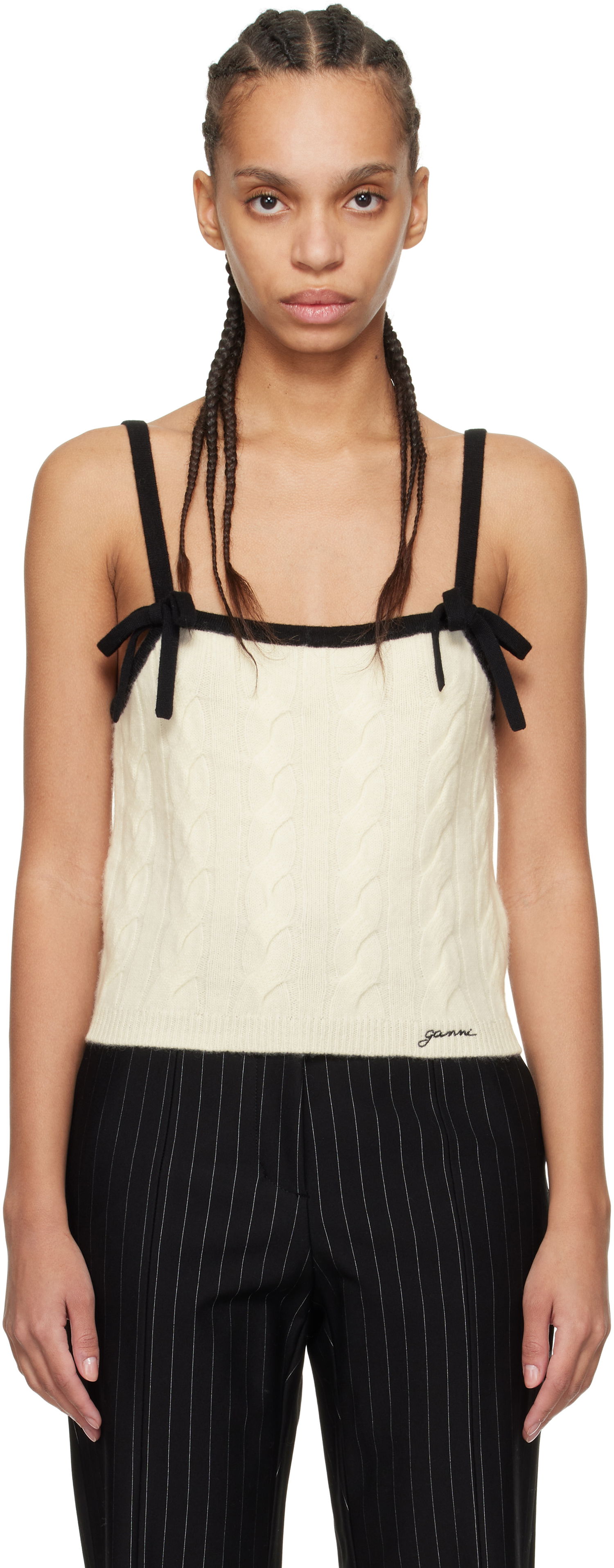 Tielko GANNI Off-White & Black Cashmere Mix Strap Tank Top Béžová | K2416, 0