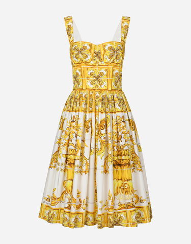 Šaty Dolce & Gabbana Majolica Print Cotton Poplin Midi Corset Dress Žltá | F6ADLTHH5A0HG3TN, 0