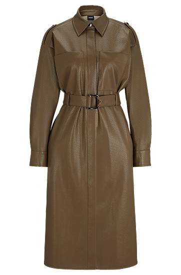 Šaty BOSS Perforated Faux Leather Belted Shirt Dress Zelené | 50505962, 0