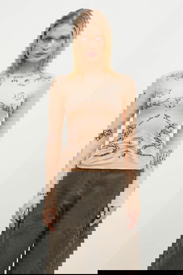 Tričko Marine Serre Marine Serre Tattoo Printed Jersey Second Skin Crewneck Top Béžová | WTS006A.CJER0059, 0