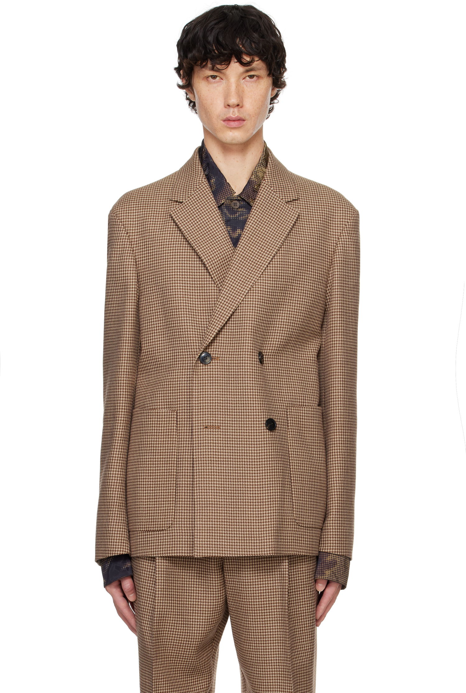 Bunda Dries Van Noten Houndstooth Double Breasted Blazer Hnedá | 242-020410-9106, 0