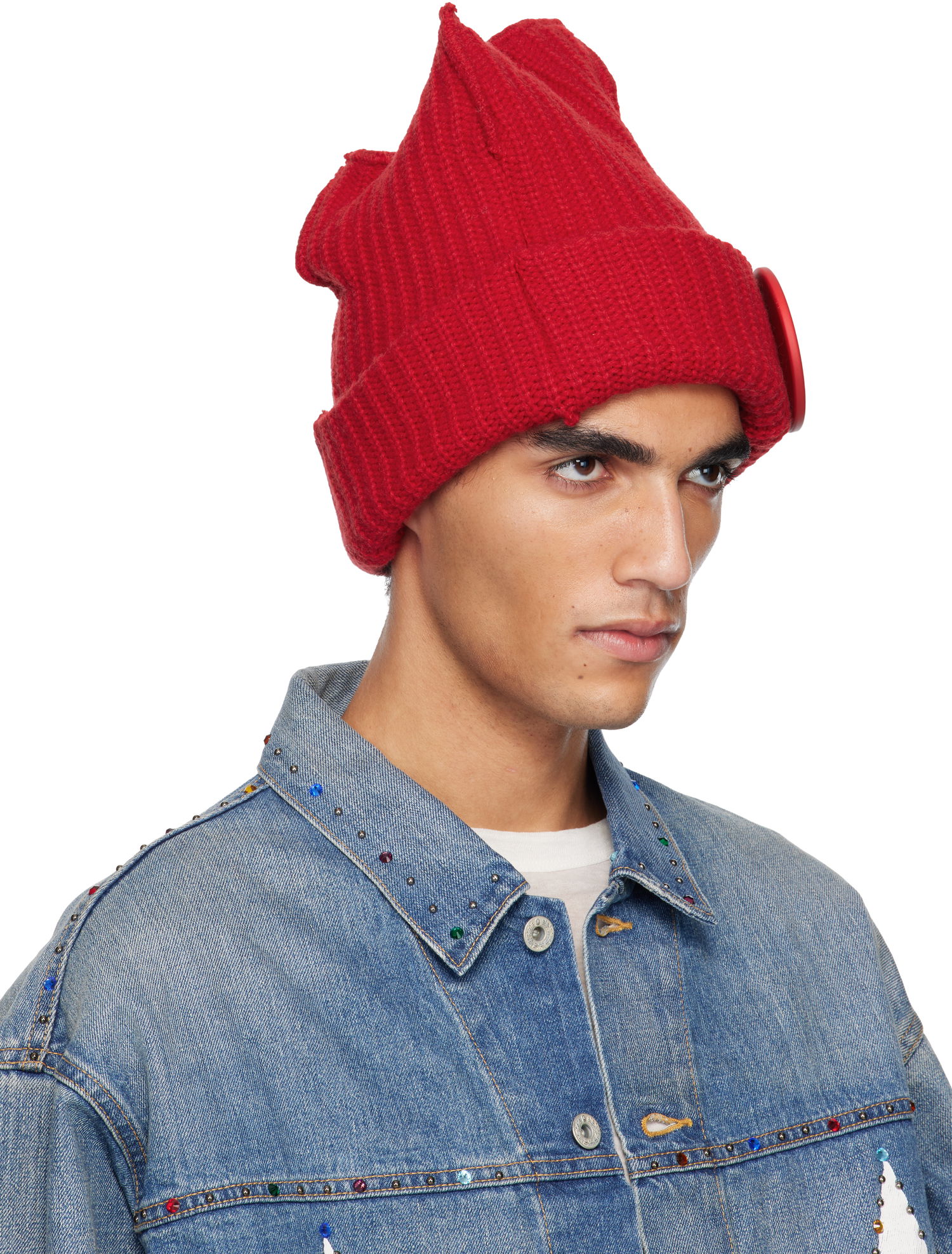 Kulicha Charles Jeffrey Loverboy LOVERBOY Rib Knit Peak Beanie with Button Detail Červená | 052130604, 1