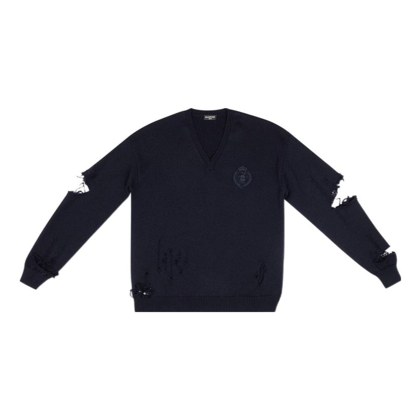 Sveter Balenciaga Destroyed V-Neck Knit Sweater Navy | 696091T16420414