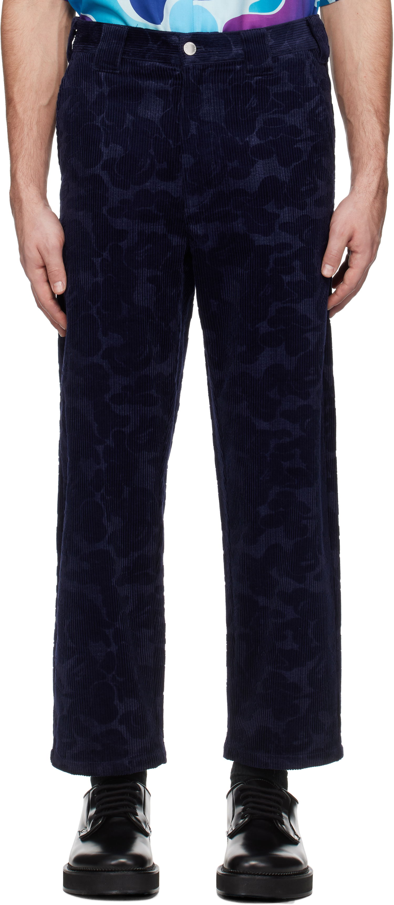 Nohavice BAPE A Bathing Ape Solid Camo Debossed Corduroy Trousers Navy | 001PTK801315M, 0