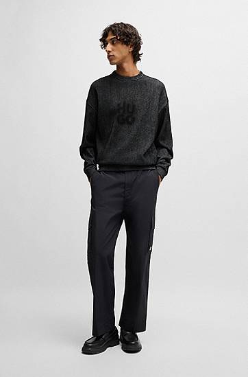 Sveter BOSS Ribbed Cotton-Blend Sweatshirt with Logo Print Čierna | 50531028, 1