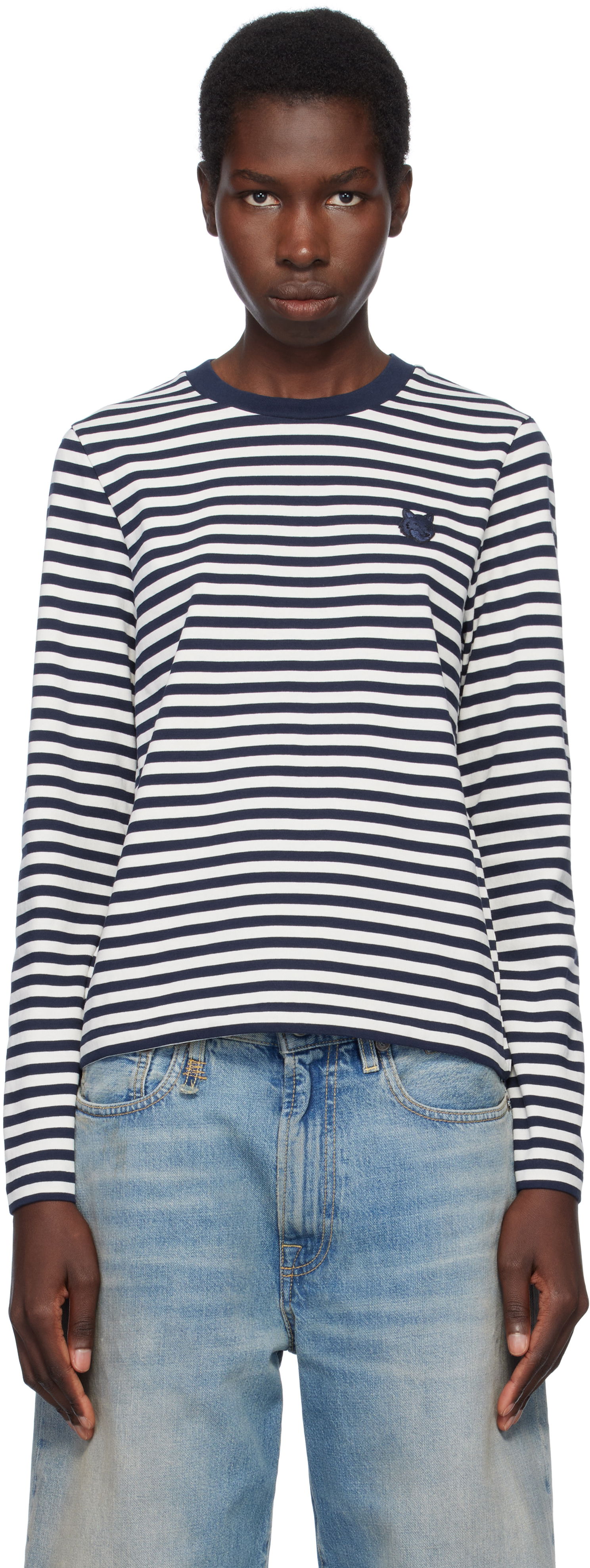 Tričko MAISON KITSUNÉ Maison Kitsuné Fox Head Patch Striped T-Shirt Navy | OW00111KA0026, 0