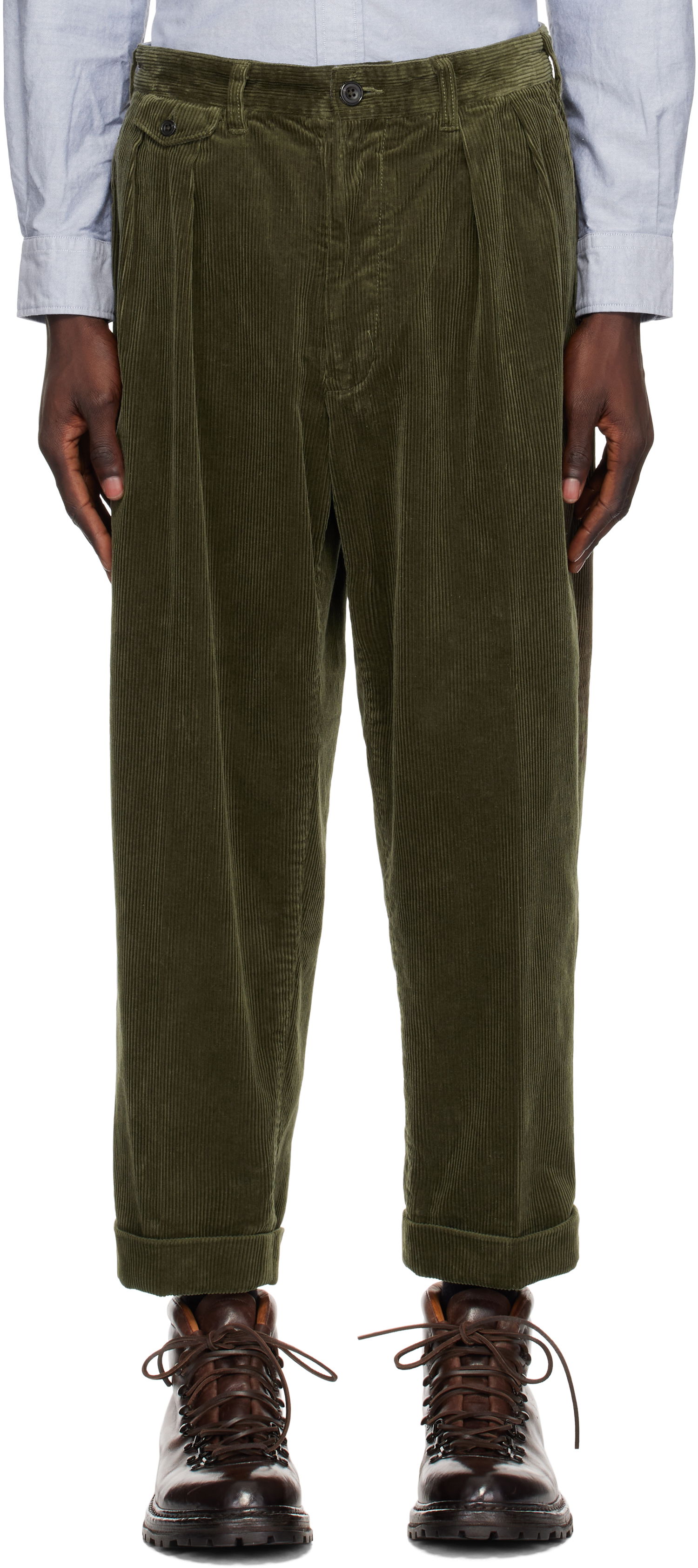 Nohavice BEAMS BEAMS PLUS 2 Pleats Corduroy Trousers Zelené | 38230099874, 0