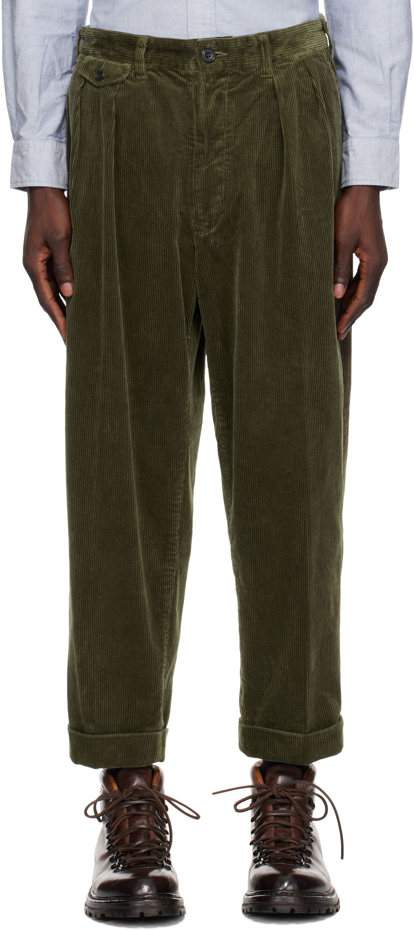 Nohavice BEAMS BEAMS PLUS 2 Pleats Corduroy Trousers Zelené | 38230099874