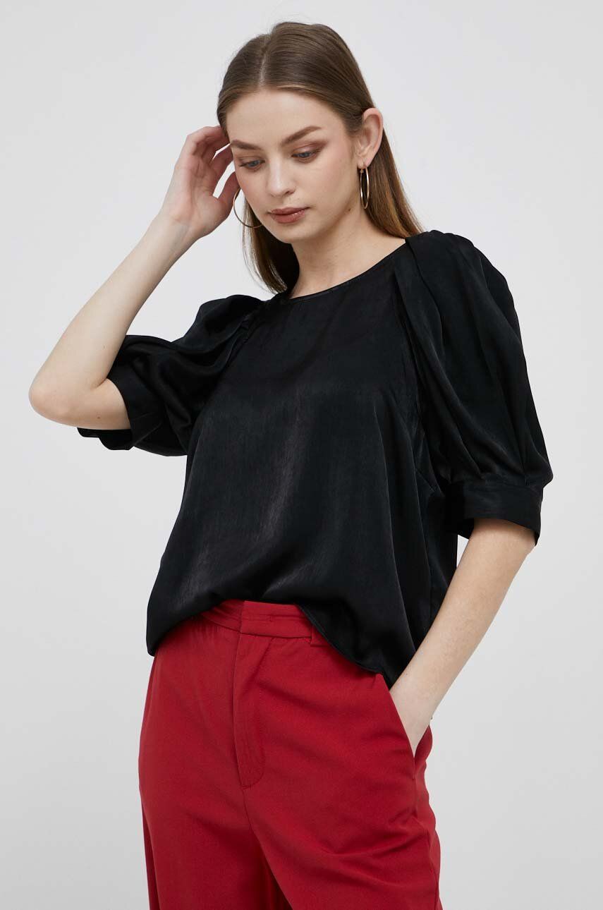 Satin Crew Neck 3/4 Puffed Sleeve Top