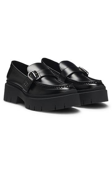 Doplnky BOSS Leather Loafers with Buckled Strap Čierna | 50548196