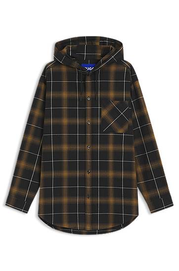 Košeľa BOSS Oversized-Fit Hooded Checked Overshirt Hnedá | 50545262